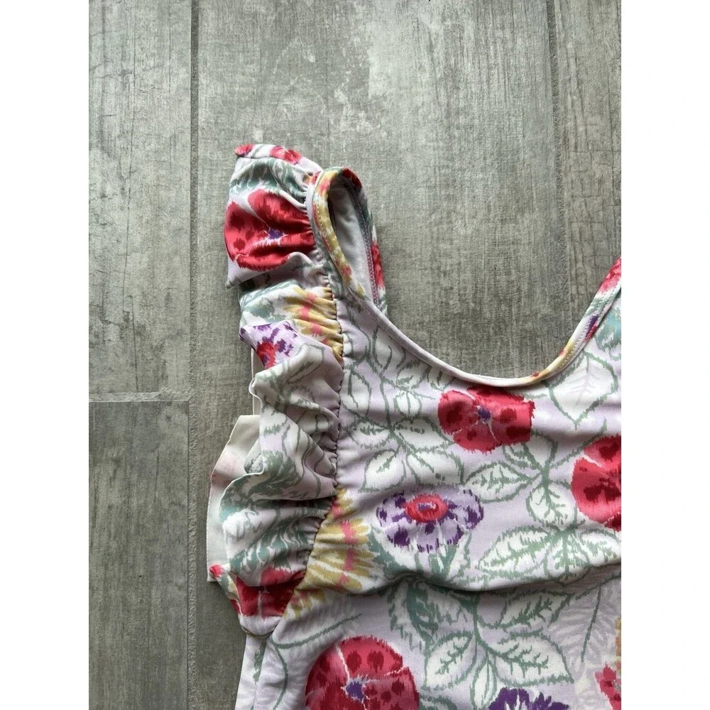Girls One Piece Ruffle Floral Hawaiian Print Watercolor Cute Beach Swim S 5-6